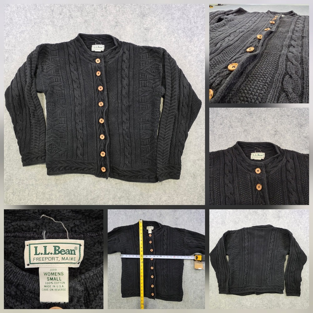 Vintage LL Bean Sweater Womens Small‎ Black 100% Cotton Cable Knit Cardigan USA